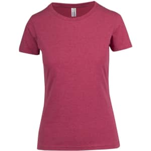 A women's short-sleeve tee in a maroon colour with a classic crew neck and a logo tag.