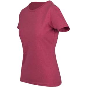 A women's maroon marl T-shirt with a classic crew neckline and short sleeves. It features a logo on the fabric.