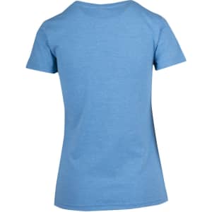 A women's short-sleeve T-shirt in a light blue marl colour with a rounded neckline and a logo on the back.