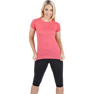 A women's short-sleeve T-shirt in vibrant coral, featuring a fitted design and a logo.