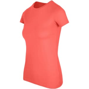 A women's short-sleeve T-shirt in a vibrant coral colour, featuring a fitted design and a round neckline.