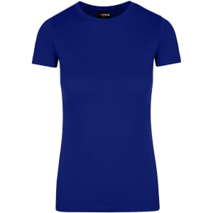 A blue women's t-shirt with a classic crew neck design and short sleeves. It features branding on the inside label.