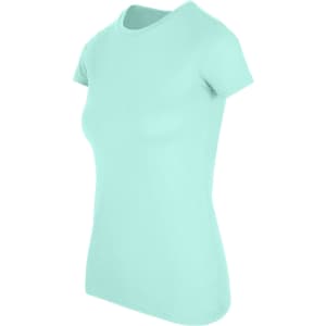 A women's t-shirt in a light mint colour, featuring a fitted style and short sleeves. It has a logo on the front.