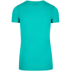 A teal women's t-shirt with a crew neck and short sleeves, featuring a plain back without any logos.