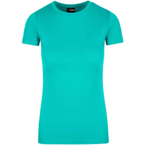 A turquoise women's t-shirt with short sleeves and a round neckline, featuring a logo on the label.