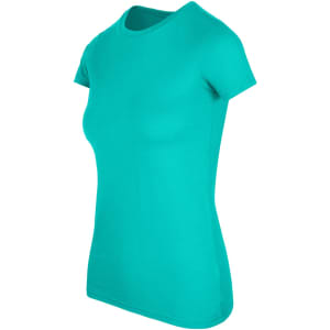 A women's t-shirt in a bright teal colour with a round neck and short sleeves. It has a logo on the side.