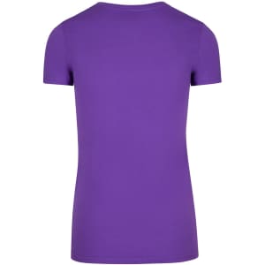 A purple women's American style T-shirt with a round neckline and short sleeves. Features a logo on the back.