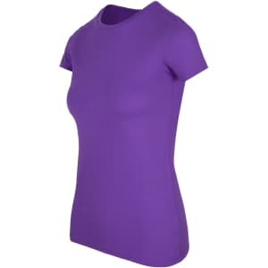 A purple women's T-shirt with a fitted design, featuring short sleeves and a round neckline.