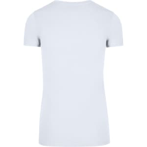 A light blue women's T-shirt with a round neck and short sleeves, featuring a logo on the back.