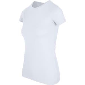 A light grey women's American style T-shirt with a classic crew neck and short sleeves, featuring a logo.