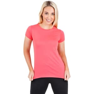 A women's T-shirt in a vibrant coral colour, featuring short sleeves and a fitted design. It has a logo.