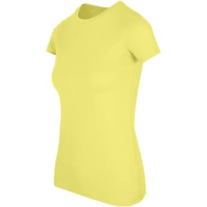 A women's short-sleeve T-shirt in bright yellow, featuring a fitted design and a logo.