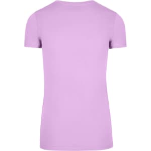 A purple women's t-shirt with a round neckline and short sleeves, featuring a plain back design.
