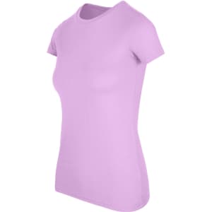 A lilac women's American style T-shirt with short sleeves and a fitted silhouette, featuring a logo.