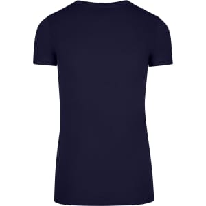 A navy women's T-shirt with short sleeves and a plain back design. It features a logo at the neckline.
