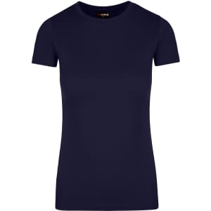 A women's navy American style T-shirt featuring a simple crew neck and short sleeves, with a logo on the tag.