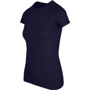 A navy women's t-shirt featuring a classic crew neck and short sleeves. The shirt has a fitted style and includes a logo.