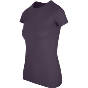 A women's fitted American style T-shirt in dark purple, featuring a crew neckline and short sleeves.