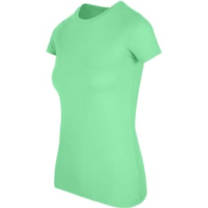 A women's fitted T-shirt in vibrant green, featuring short sleeves and a simple design, has a logo on the front.
