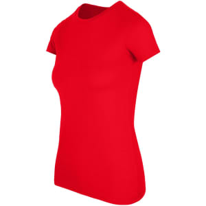 A red Women's American Style T-shirt with a fitted silhouette and short sleeves; features a logo.