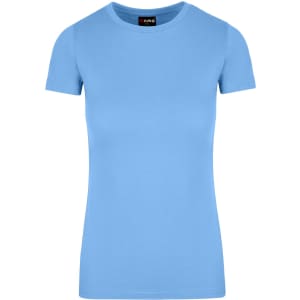 A light blue women's t-shirt with a slim fit and rounded neckline, featuring a logo on the label.
