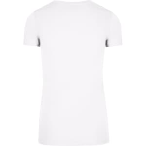 A white women's American style T-shirt with short sleeves and a plain back, featuring a logo.