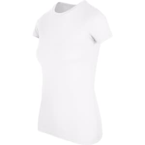A white women's T-shirt with a classic fit and short sleeves, featuring a slight stretch.