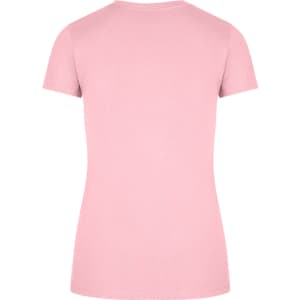 A pink women's slim fit t-shirt featuring a round neckline and short sleeves. The garment has a logo on the back.