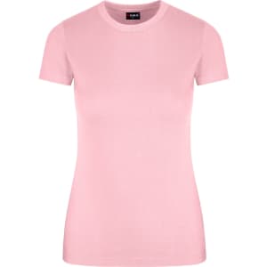 A women's slim fit tee in soft pink, featuring a classic crew neckline and short sleeves. It has a logo on the label.
