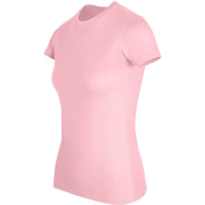 A pink women's slim fit tee with short sleeves and a round neckline, featuring a small logo.