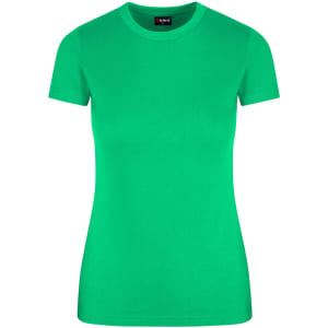 A women's slim fit tee in bright green, featuring a round neckline and short sleeves. It has a logo on the label.