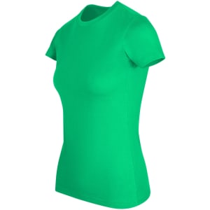 A women's slim fit tee in bright green, featuring a classic round neckline and short sleeves.
