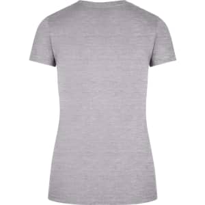 A light grey women's slim fit tee with short sleeves and a rounded neckline, featuring a logo on the back.