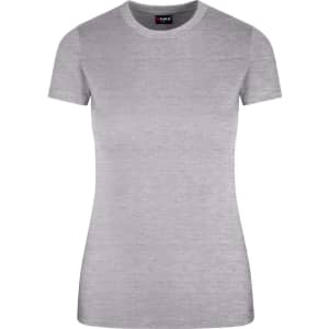 A women's slim fit tee in light grey, featuring short sleeves and a round neckline. It has a brand logo on the label.