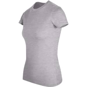 A grey women's slim fit t-shirt with short sleeves and a round neckline. Features a logo on the design.