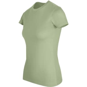 A women's slim fit tee in a soft green colour, featuring short sleeves and a round neckline. It has a logo.