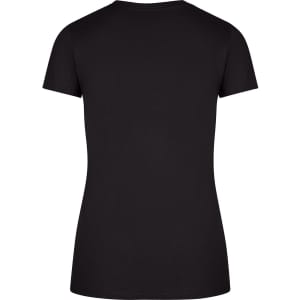 A black women's slim fit tee with short sleeves, featuring a plain back design and a logo.