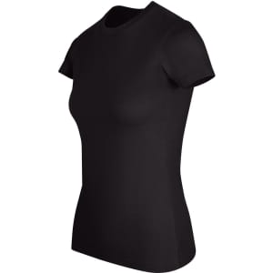 A black women's slim fit tee with short sleeves, featuring a simple design and a logo on the chest.
