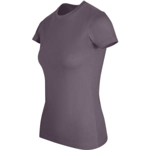 A women's slim fit tee in a solid shade of purple, featuring short sleeves and a round neckline.