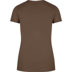 A brown women's slim fit tee with short sleeves and a round neckline, featuring a logo.