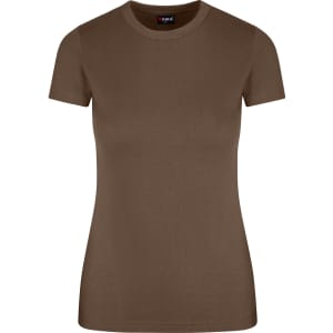 A women's slim fit tee in a brown shade, featuring a classic round neckline and short sleeves. It has a branding logo.