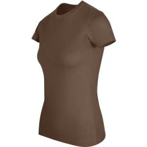 A women's slim fit tee in a rich brown colour with a classic crew neck and short sleeves.