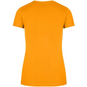 A women's slim fit tee in bright orange, featuring a classic crew neck and short sleeves. The back view is shown.