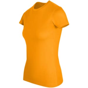 A women's slim fit tee in vibrant orange, featuring short sleeves and a classic crew neck design.