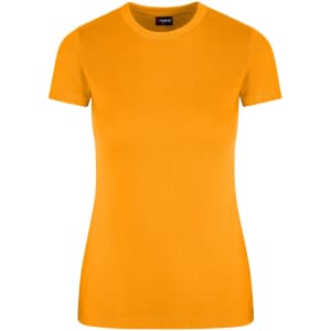 A women's slim fit tee in vibrant orange with short sleeves and a classic round neckline, featuring a logo.