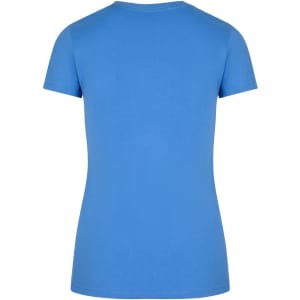 A women's slim fit tee in bright blue, featuring a classic short sleeve and round neckline design. It has a logo on the back.