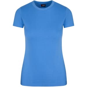 A women's slim fit tee in a vibrant blue colour with a round neckline and short sleeves. It features a logo.