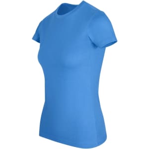 A women's slim fit tee in a vibrant blue colour, featuring short sleeves and a classic crew neck design.