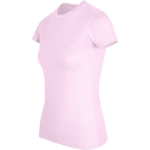 A women's slim fit tee in light pink, featuring a classic round neckline and short sleeves. It has a logo on the side.