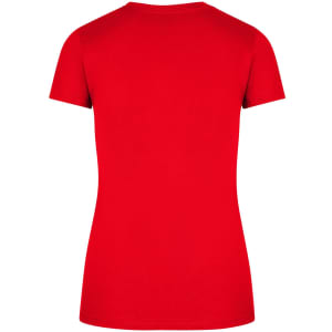 A red women's slim fit tee with a rounded neck and short sleeves, featuring a logo on the back.